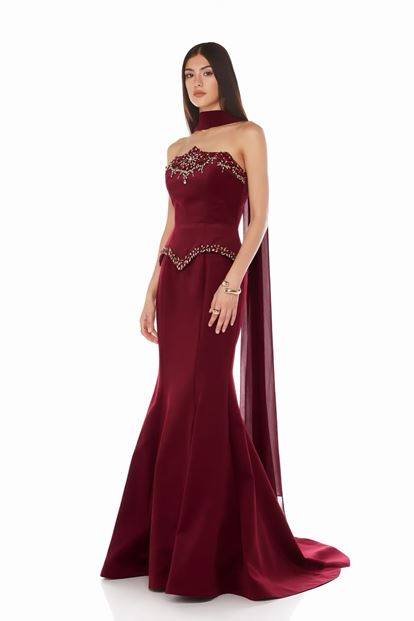 Bordo Balık Kesim Taş İşlemeli Abiye Elbise